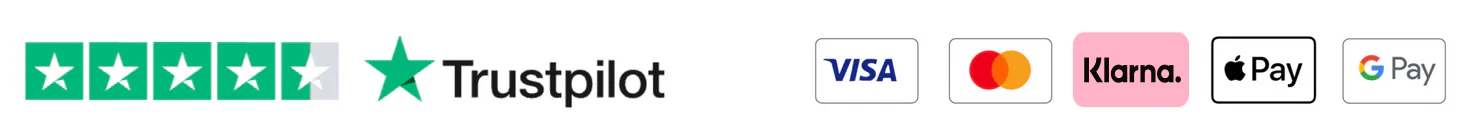 Trustpilot rating and accepted payment methods: Visa, Mastercard, Klarna, Apple Pay, Google Pay